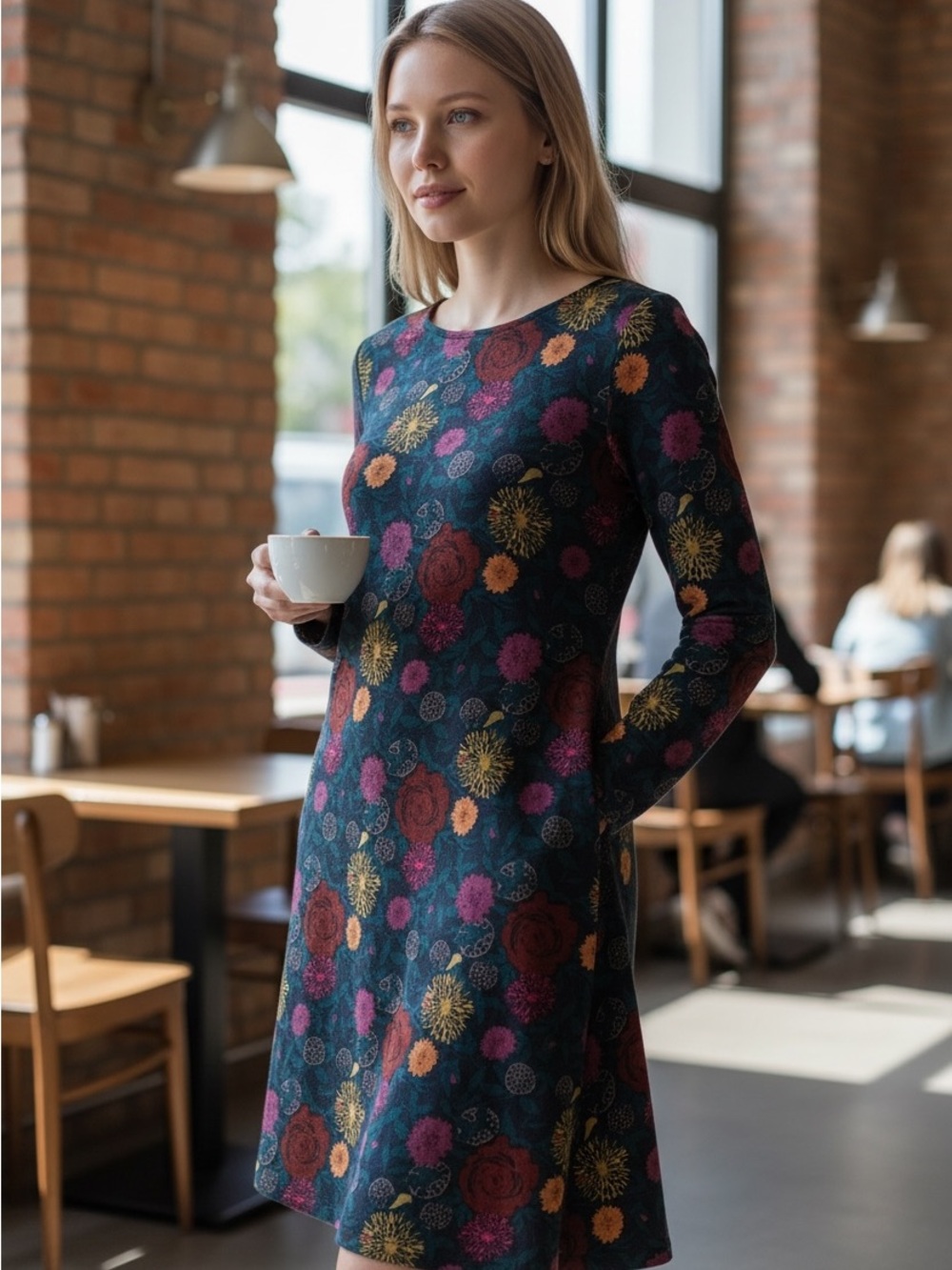 American Apparel Navy Floral Long-Sleeve A-Line Dress